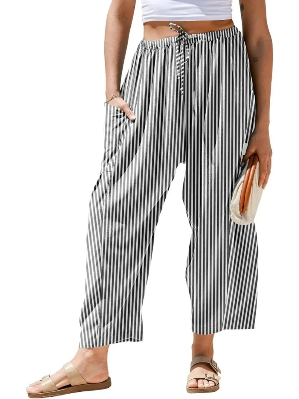 Women's Black White Linen Wide Leg Striped Palazzo Harem Walking Holiday Pants